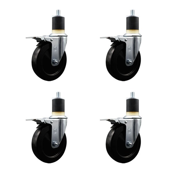 5'' SS Hard Rubber Swivel 1-7/8'' Expand Stem Caster Set Total Lock Brake, 4PK
